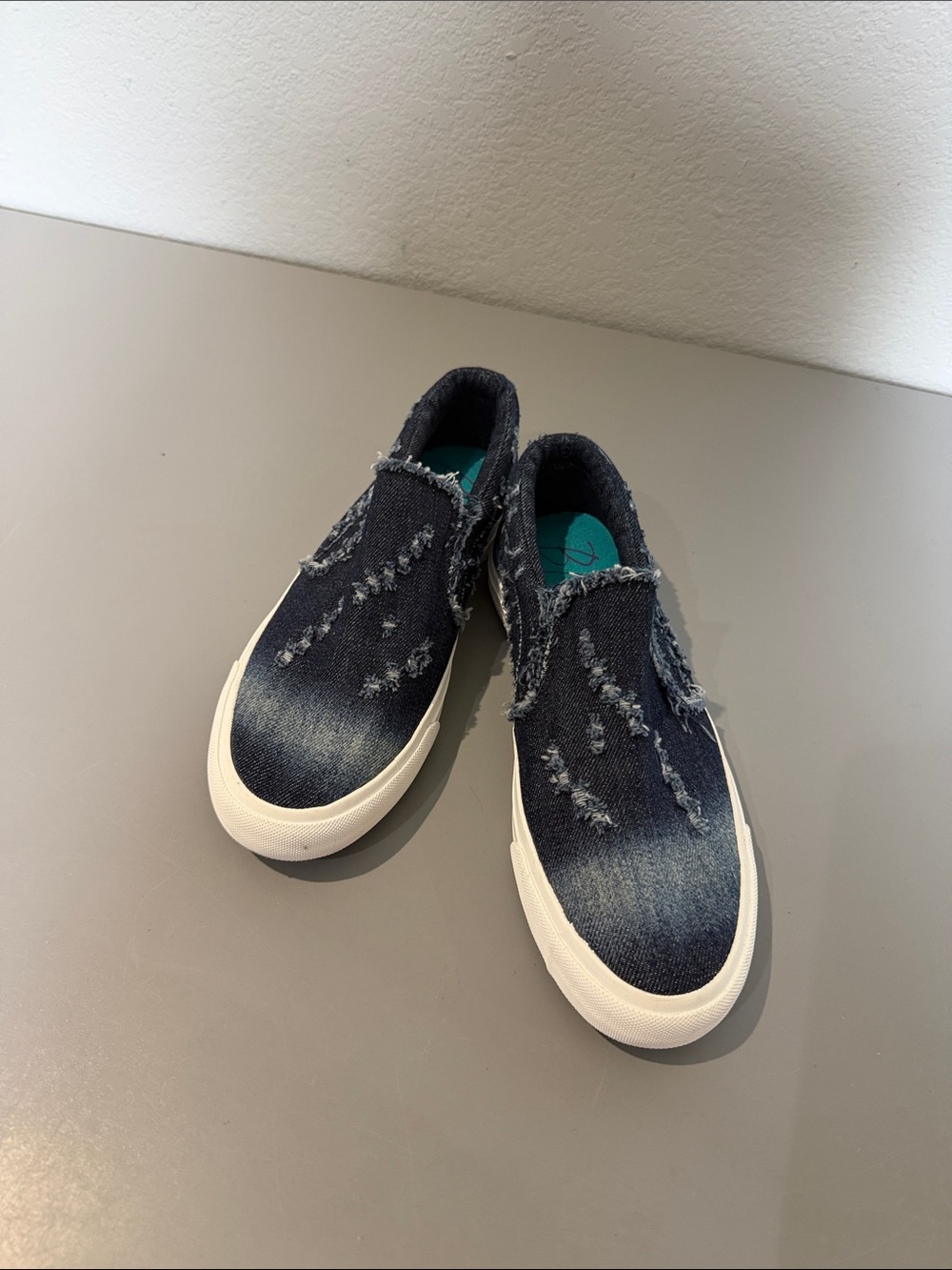 Women's Slip-On Distressed Denim Sneakers in Dark Blue